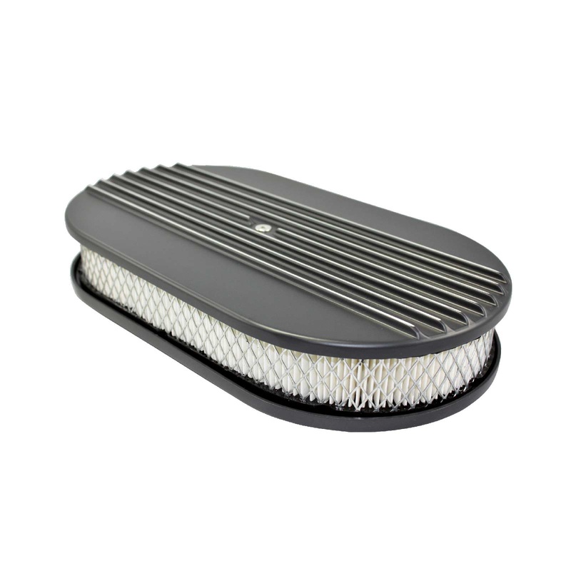 15″ Aluminum Half Finned Oval Air Cleaner Kit with Flat Base – Black