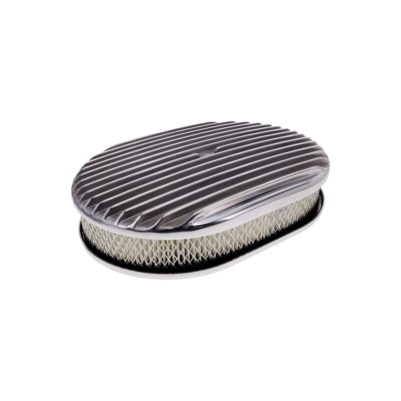 12 X 2 Full Finned Oval Aluminum Air Cleaner Kit, Paper Filter, Flat Base, Polished