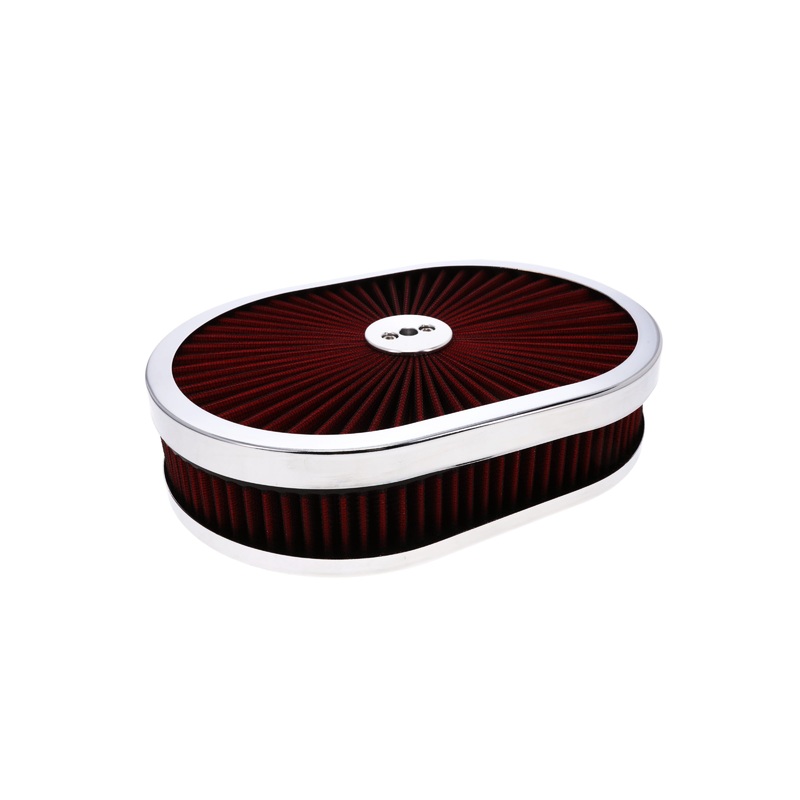 12″ X 2″ Round Steel Air Cleaner Kit, Red Washable Filter, Flat Base, Chrome