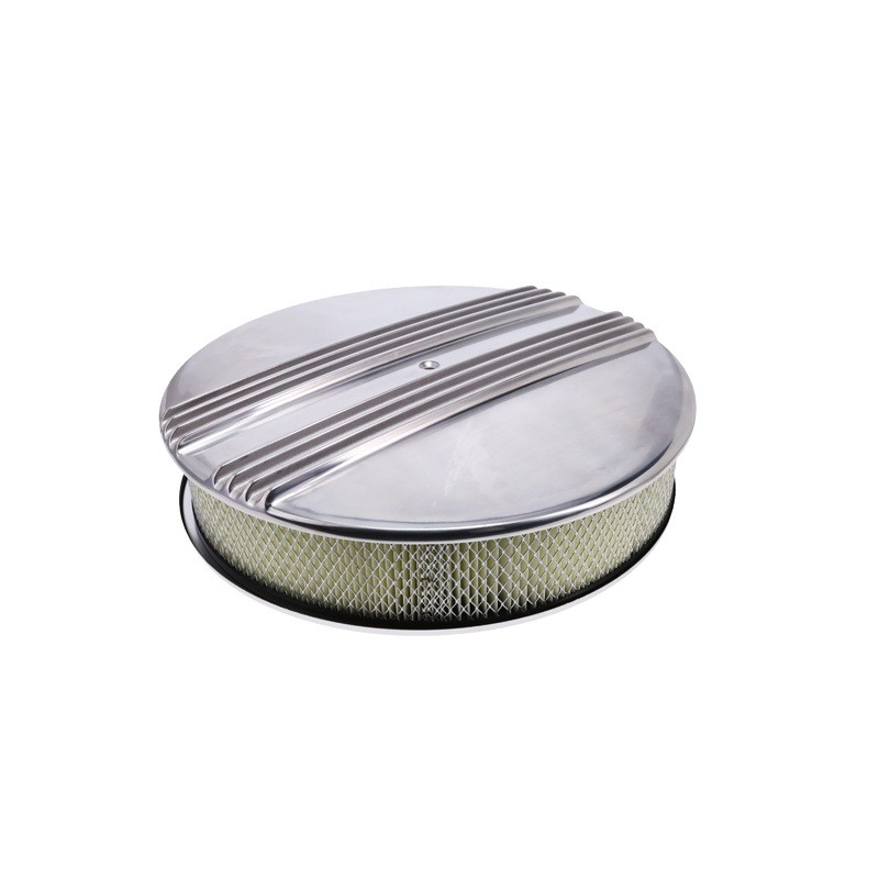 14″ X 3″ Center Finned Round Aluminum Air Cleaner Kit, Paper Filter, Flat Base, Polished