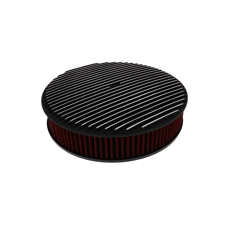14″ X 3″ Full Finned Round Aluminum Air Cleaner Kit, Red Washable Filter, Recessed Base, Black