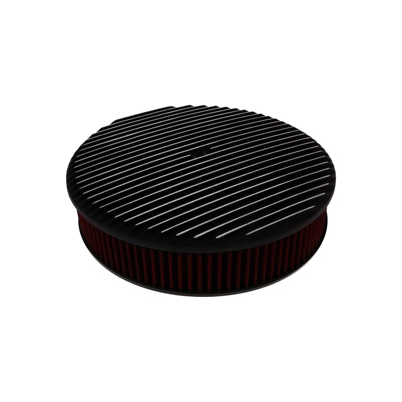 14″ X 3″ Full Finned Round Aluminum Air Cleaner Kit, Red Washable Filter, Flat Base, Black