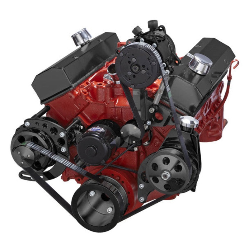 Chevy Small Block Serpentine Conversion – AC, Alternator & Power Steering, Electric Water Pump – Black 5/8″ Keyway Shaft No Thanks No (Standard Option)