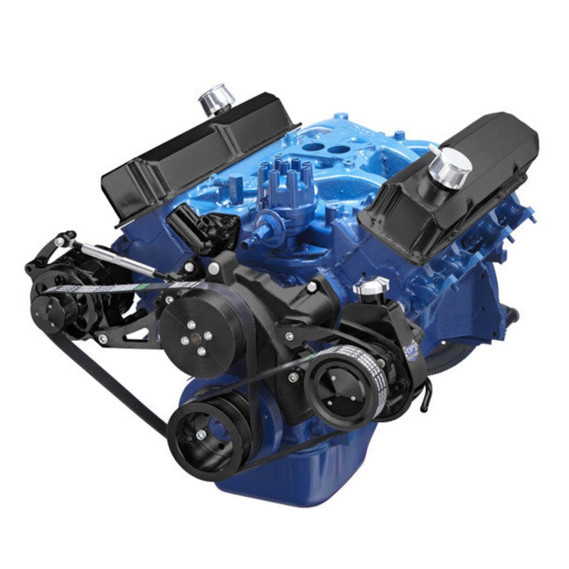 Ford 390 Serpentine System – Power Steering & Alternator – Black Underdrive Ratio No Thanks Ford Pump with Steel Reservior