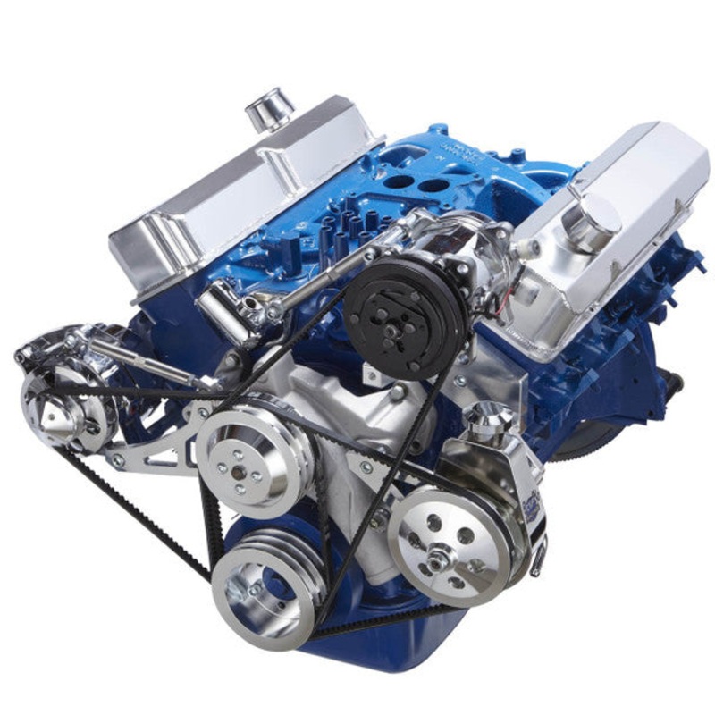 Ford 390 V-Belt System – AC, Alternator & Power Steering – Saginaw Pump – Polished 5/8″ Keyway Shaft