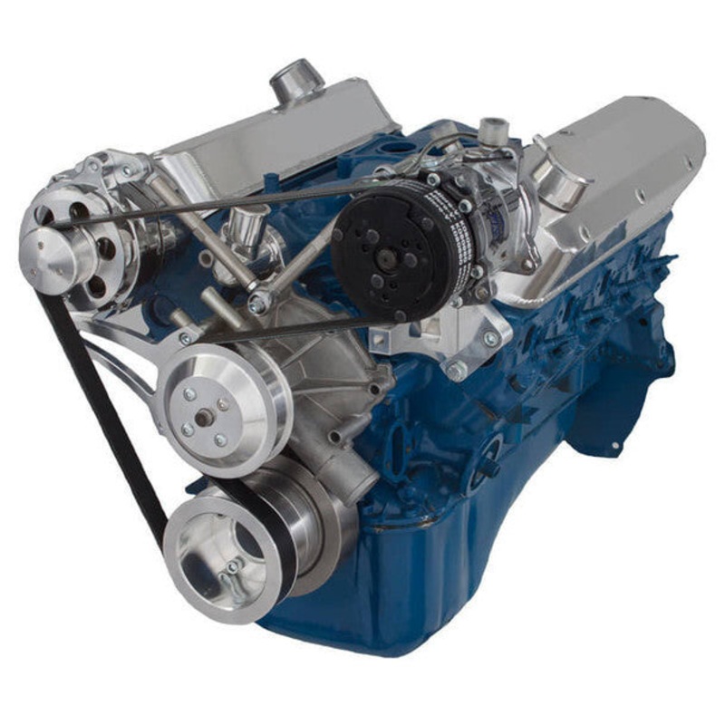 Ford 5.0L & 5.8L Serpentine Conversion Kit – Alternator & A/C – Polished 5.0L Engine 4 Bolt Factory Damper No Thanks